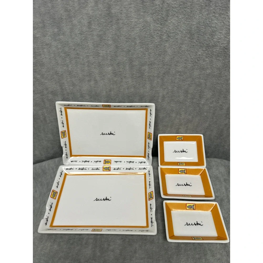 VTG Joie De‎ Vivre Sushi Serving Set 5pc White Yellow Fish Pattern Plates